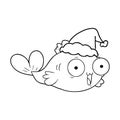 happy goldfish line drawing of a wearing santa hat