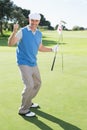 Happy golfer cheering on putting green at eighteenth hole Royalty Free Stock Photo