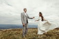 Happy gorgeous bride and groom holding hands and dancing in sun Royalty Free Stock Photo