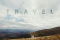 happy gorgeous bride and groom walking on top of a mountain, travel together concept text, boho wedding couple Royalty Free Stock Photo