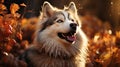 Happy and gorgeous Siberian Husky dog with tonque hanging out standing