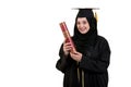 Happy graduate arabic muslim student with diploma