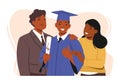 Happy Graduate Boy Stands Beside His Proud Parents. Dad and Mom Characters Smiling, They Celebrate Academic Achievement Royalty Free Stock Photo