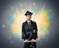 Happy graduate with colorful bokeg lights in the background