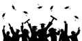 Happy graduate students with graduating caps and diploma or certificates, silhouette of group of people. Graduation event. Vector Royalty Free Stock Photo