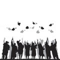 Happy graduate students with graduating caps and diploma or certificates, silhouette of group of people Royalty Free Stock Photo