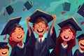 Happy graduate students on graduation ceremony. Joyful boys and girls in graduation cap and mantle on bright background, cartoon Royalty Free Stock Photo