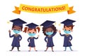 Happy graduated children wearing medical masks, academic gown and cap Royalty Free Stock Photo