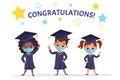 Happy graduated children wearing medical masks, academic gown and cap Royalty Free Stock Photo