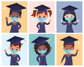 Happy graduated children wearing medical masks, academic gown and cap. Royalty Free Stock Photo