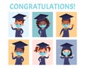 Happy graduated children wearing medical masks, academic gown and cap. Royalty Free Stock Photo