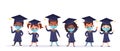 Happy graduated children wearing medical masks, academic gown and cap. Royalty Free Stock Photo