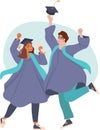 happy graduated students couple wearing academic dress, gown or robe and tossing graduation cap. Young people celebrating