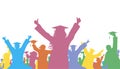 Happy graduates in graduation academic caps. Cheerful people, color silhouette. Graduation party. Vector  illustration Royalty Free Stock Photo
