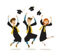 Happy graduates or students throw hats. Education, college, school, graduation concept. Cartoon vector illustration