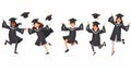 Happy Graduating Student, characters in gowns and academic caps, jump and celebrate after getting diploma and degree