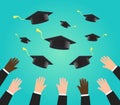 Happy graduating students or pupil hands in throwing graduation caps in the ai Royalty Free Stock Photo