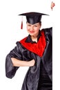 Happy graduating woman holding a display for text