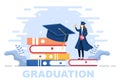 Happy Graduation Day of Students Celebrating Background Vector Illustration Wearing Academic Dress, Graduate Cap and Diploma Royalty Free Stock Photo