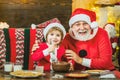 Happy grandfather and child grandson cooking Christmas cookie. Christmas kitchen.