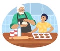 Grandfather cooking with grandson in kitchen, vector illustration. Grandparent grandchild relationships.