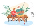 Happy grandfather and grandson fishing together, flat vector illustration. Grandparent grandchild relationships.