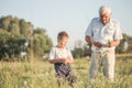 Happy grandfather and grandson walking at summer meadow.  Cute boy gives flowers his old grandpa Royalty Free Stock Photo