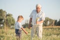 Happy grandfather and grandson walking at summer meadow.  Cute boy gives flowers his old grandpa Royalty Free Stock Photo
