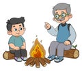 a happy grandfather with his grandson camping and turn on bonfire