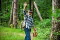 Happy Grandfather With Mushrooms In Busket Hunting Mushroom. Picking Mushrooms. Old Man Walking.