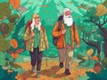 happy grandfather old active walking trekking elderly senior couple hiking. Generative AI.