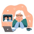 Happy grandma with laptop communicates with grandchildren.