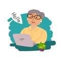 Happy grandma with laptop. Hand drawn beautiful vector illustration with grandmother.