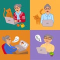 Happy grandma with laptop. Hand drawn beautiful vector illustration with grandmother.