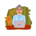 Happy grandma with laptop. Hand drawn beautiful vector illustration with grandmother.