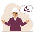 Happy grandma thinks dreaming with gears concept. A grandma is thinking about solving a problem. Balloon with the image