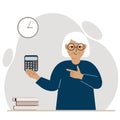 Happy grandmothe holds a digital calculator in his hand and gestures, pointing with the finger of his other hand to the Royalty Free Stock Photo