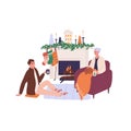 Happy grandmother and man at fireplace at Christmas. Adult son and senior elderly mother, granny by Xmas fireside at