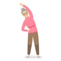 Happy grandmother in a pink sports sweater and brown pants involved in sports.