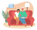 Happy grandmother reading book with grandson, flat vector illustration. Grandparent grandchild relationships.