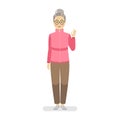 Happy grandmother in a sports pink sweater and brown pants shows a gesture perfectly. Hand gesture fine.