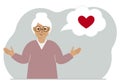 Happy grandmother thinks about love. In the balloon of thought is a red heart. Vector