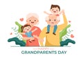 Happy Grandparents Day Cute Cartoon Illustration with Grandchild, Older Couple, Flower Decoration, Grandpa and Grandma