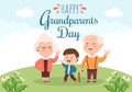 Happy Grandparents Day Cute Cartoon Illustration with Grandchild, Older Couple, Flower Decoration, Grandpa and Grandma