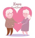 Happy grandparents day, cute elderly couple holds hands heart romantic cartoon card
