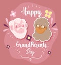 Happy grandparents day, cute grand grandma faces and flowers cartoon card