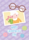 Happy grandparents day, cute granny with flowers photo and glasses cartoon card