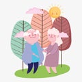 Happy grandparents day, elderly couple cartoon, grandfather grandmother holds hands characters