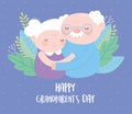 Happy grandparents day, elderly couple with leaves botanical cartoon card