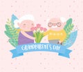 Happy grandparents day, funny grandma and grandpa with flowers cartoon card